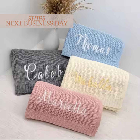 Personalized Knitted Baby Blanket | Custom Embroidered Gift | Monogrammed Newborn Blanket | Soft Organic Cotton